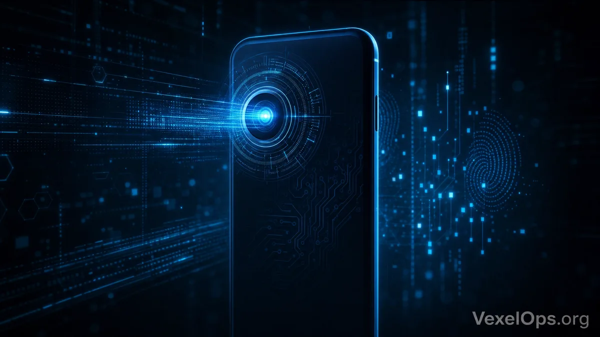 手機相簿與攝像頭隱私安全示意圖，提醒用戶注意 App 權限、雲端帳號與可疑軟體風險。