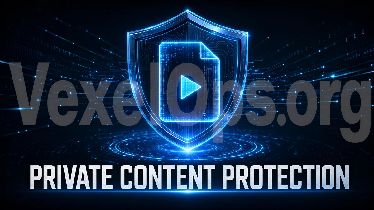 Digital privacy protection illustration for seeking VexelOps assistance after private video leaks, showcasing takedown requests to adult websites, search result removals, and data