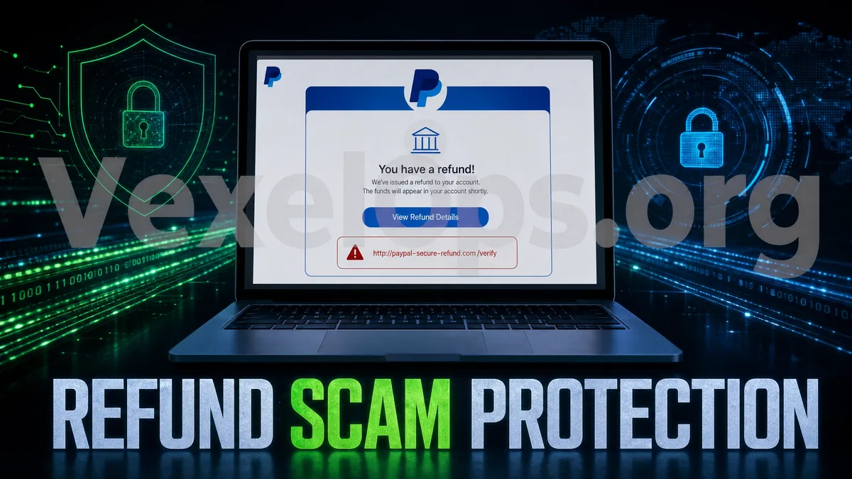 偽の返金と偽のカスタマーサービス補償詐欺のイメージ図。ユーザーに疑わしい返金リンク、クレジットカード情報および確認コードのリスクに注意を促しています。