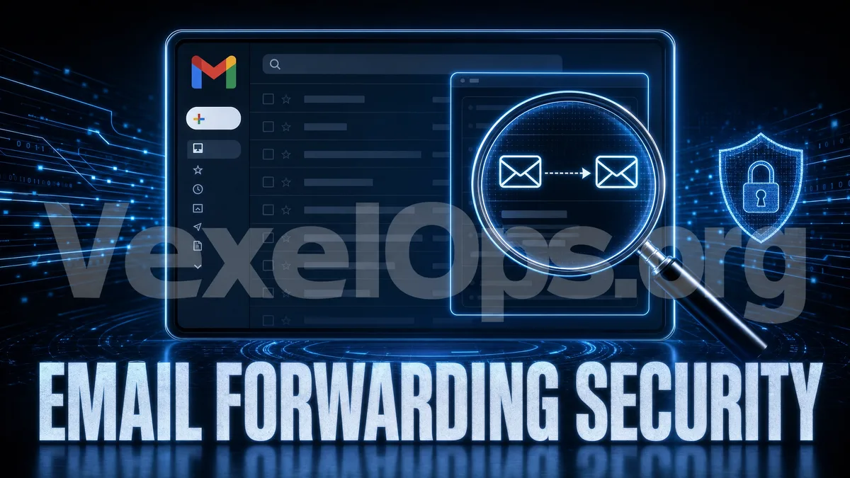 Gmail automatic forwarding and Google account security check illustration, reminding users to be cautious of unfamiliar forwarding addresses, filters, and login device risks.