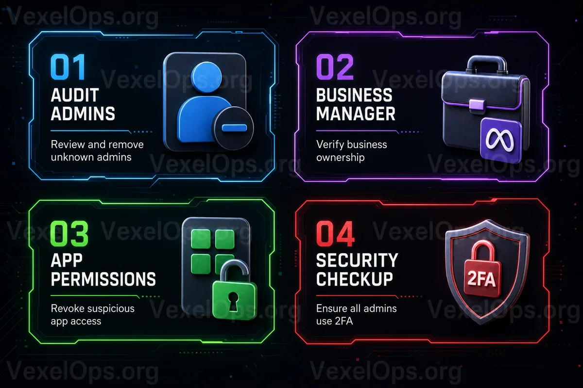 Diagrama de flujo para la verificación de seguridad de activos comerciales de Meta, mostrando permisos de administradores, socios, cuentas comerciales de Instagram, cuentas