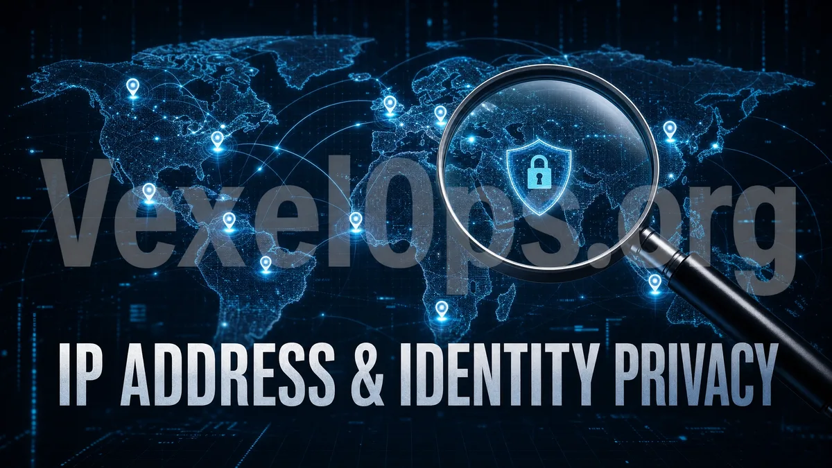 IP 位址與 VPN、Proxy、網路節點的資安科普示意圖，提醒用戶 IP 只能作為連線線索，不能直接等同真實身份。