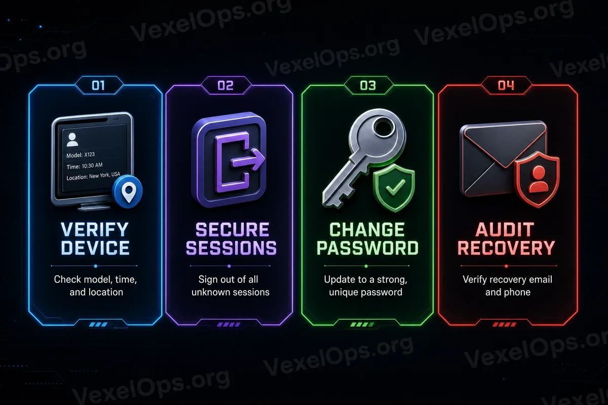 Flowchart for checking the security of unknown device logins, showcasing login notifications, device lists, recovery emails, phone numbers, password changes, two-factor