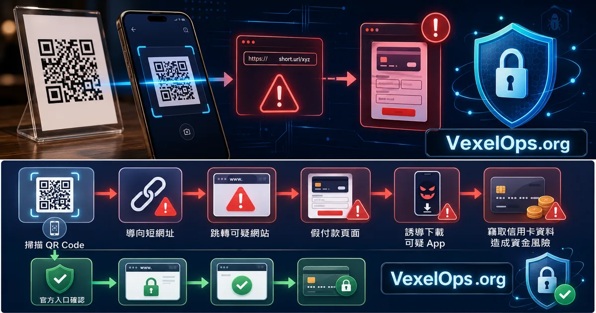 Illustration sur les risques des QR Codes malveillants et des fausses pages de paiement, rappelant aux utilisateurs de vérifier l'URL après le scan.