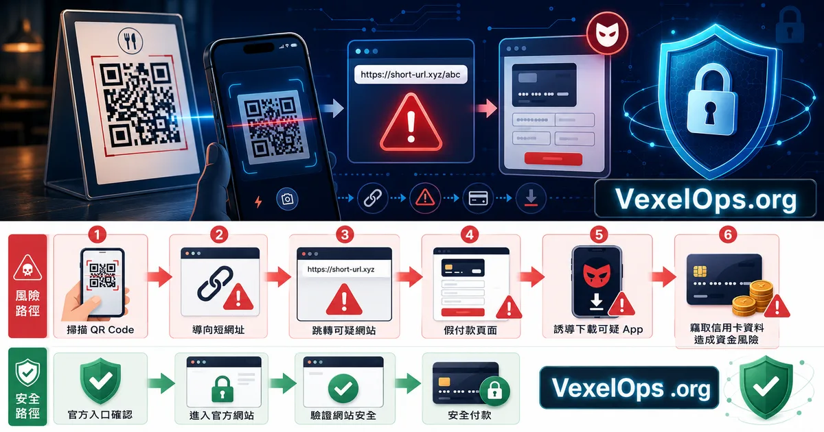Diagramme des risques associés aux QR Codes, illustrant le processus de scan, la redirection via des URL courtes, les fausses pages de paiement, le téléchargement d'applications