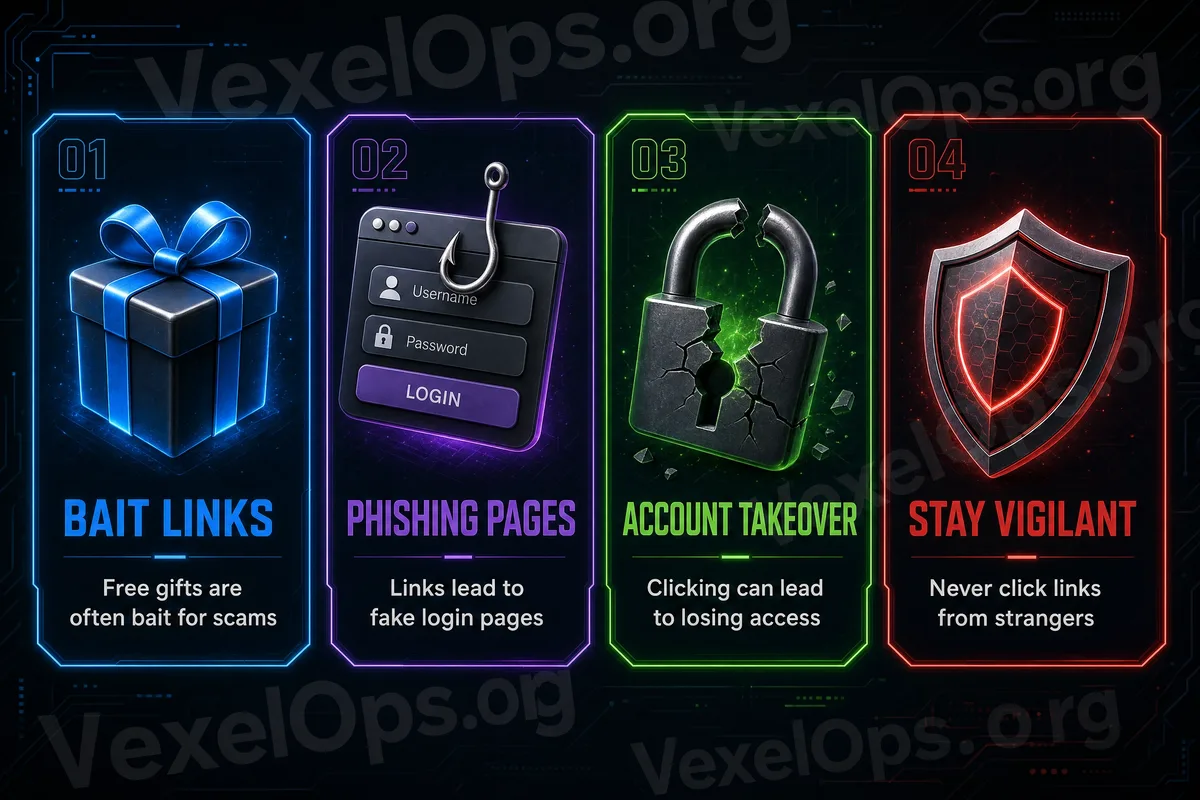 Schéma du processus de phishing des messages directs Instagram, montrant les liens de cadeau gratuit, la fausse page de connexion, le mot de passe et le code de vérification