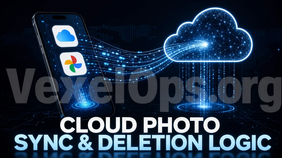 Proceso de sincronización y eliminación de fotos en iCloud y Google Photos, mostrando respaldo en la nube, sincronización entre múltiples dispositivos y mecanismos de reciclaje.