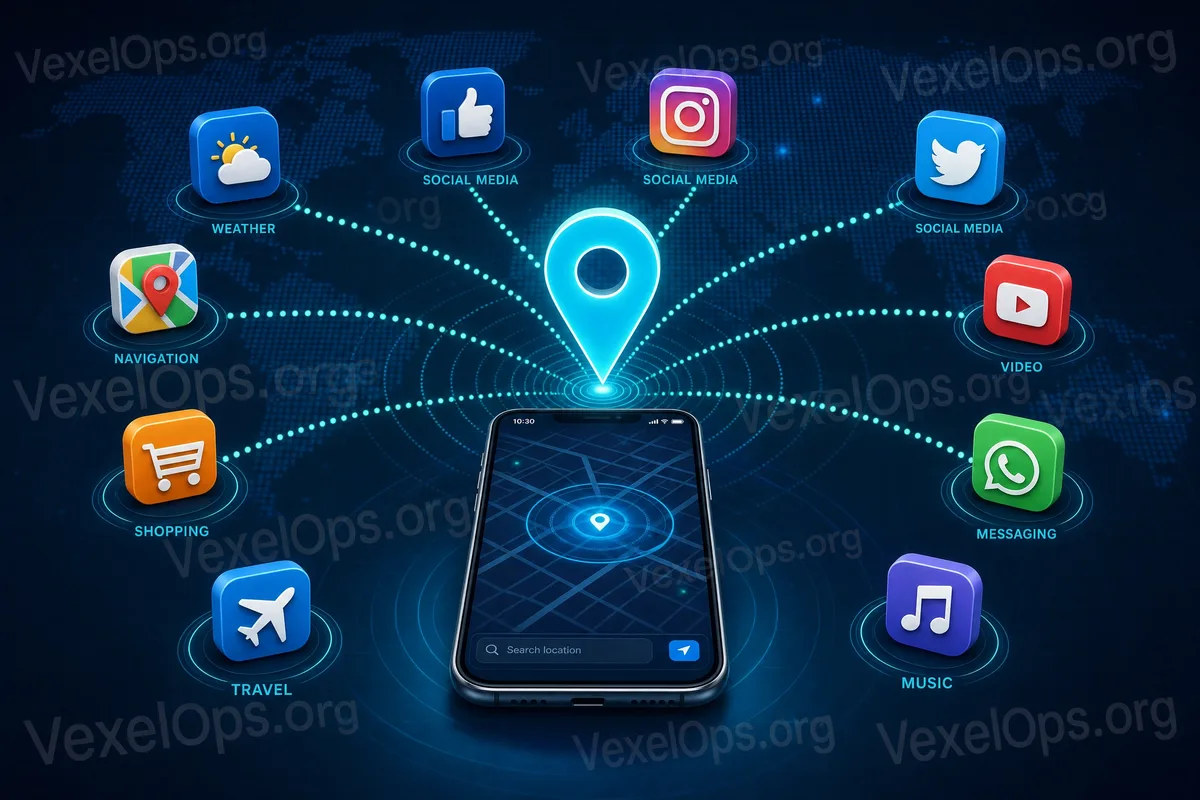 多個手機App透過定位權限持續向中央位置發送追蹤訊號的概念示意圖