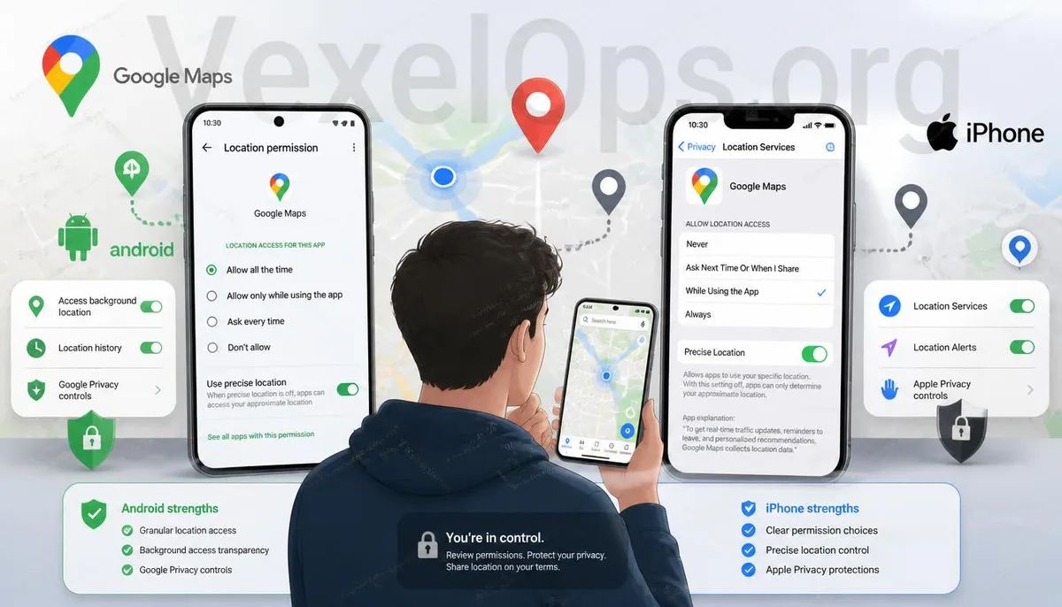 AndroidおよびiPhoneの位置情報権限とデジタルプライバシー設定の図解。