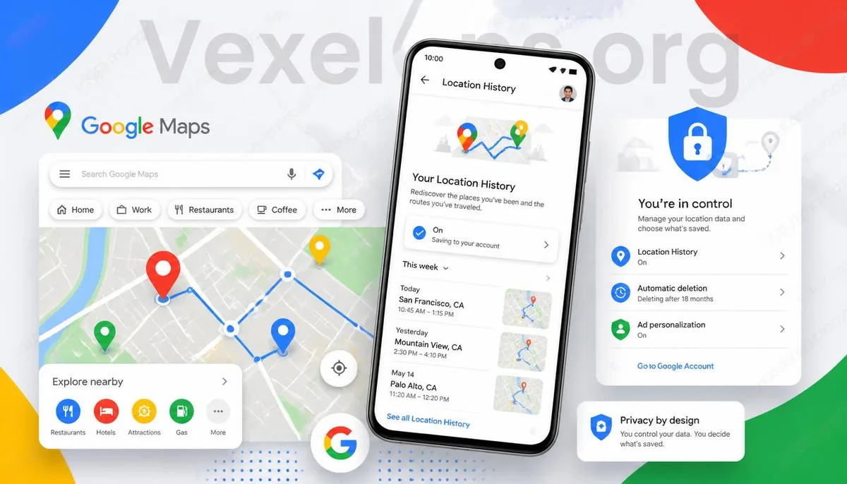 Google 地圖定位紀錄與位置資訊管理示意圖。
