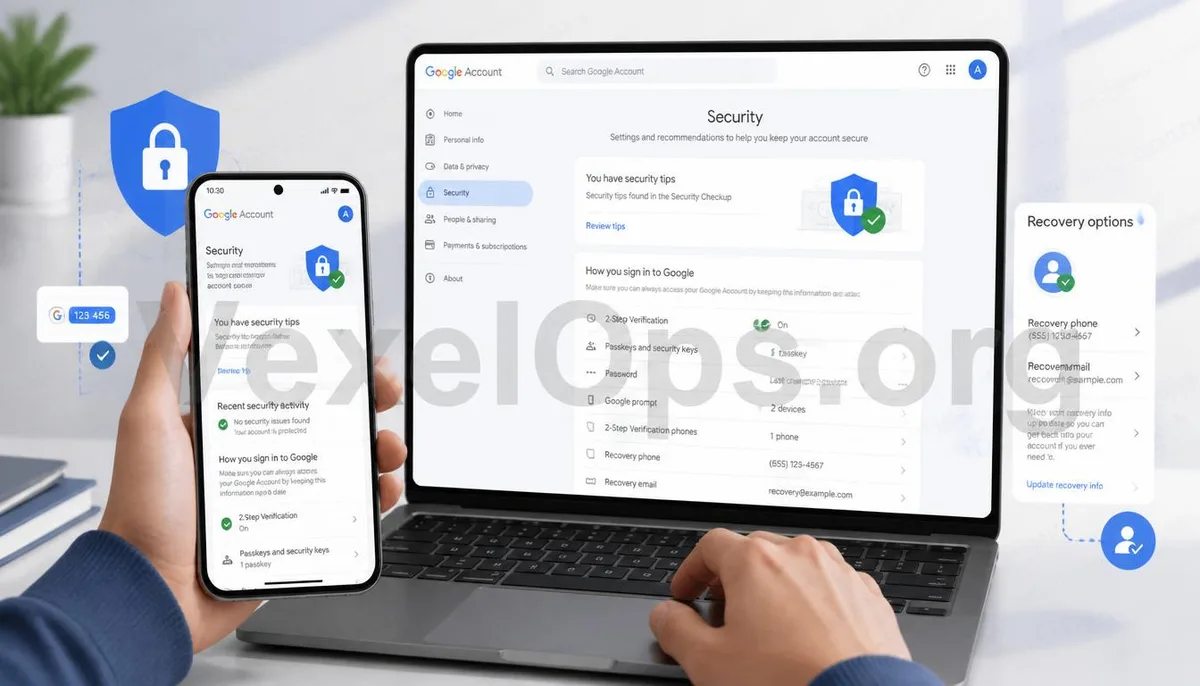 使用者檢查 Google 帳號登入、安全設定與兩步驟驗證。