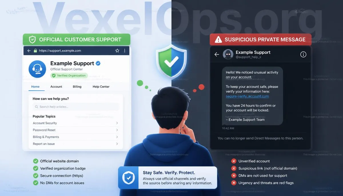 A graphic illustrating the differences between identifying official customer service and fake customer service messages.