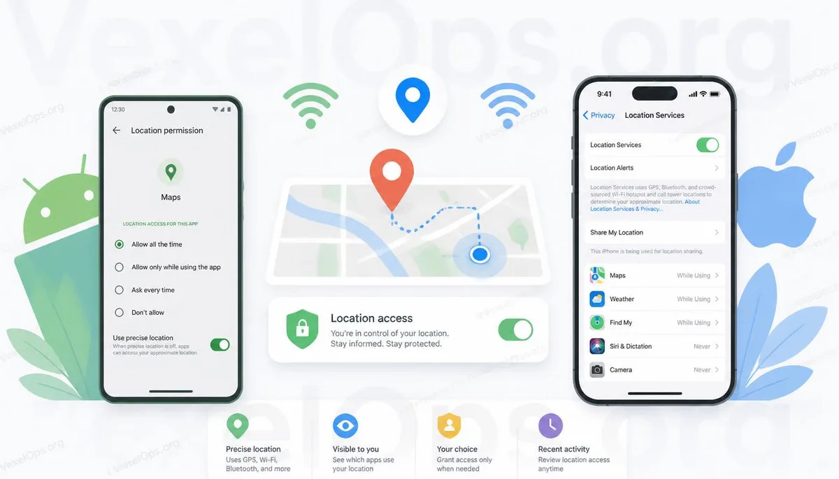Schéma des permissions de localisation sur Android et iPhone et de la gestion de la vie privée.