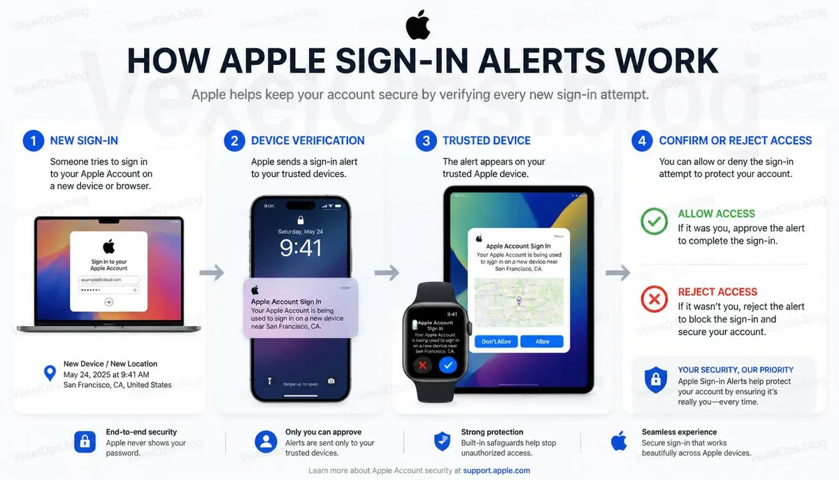 Apple ID 로그인 알림 검증 프로세스 정보 그래픽.