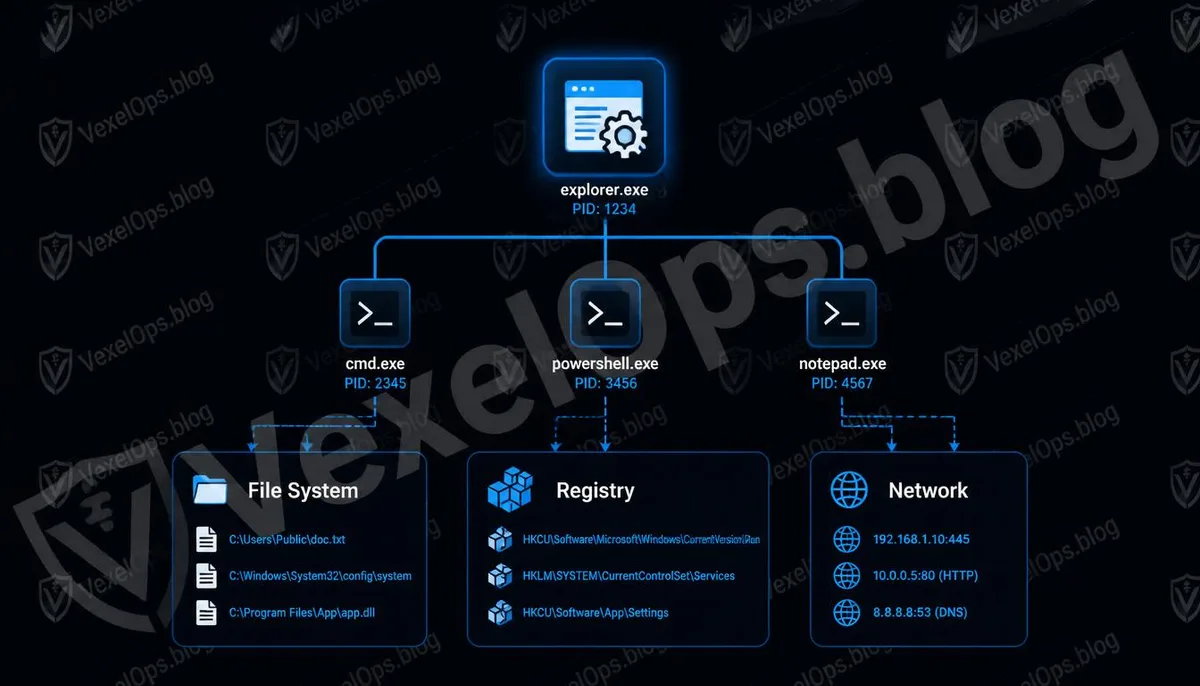 Illustration showing the functionality of Process Monitor monitoring file, registry, and network activities.