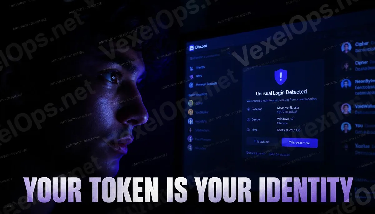 Cover image about the security risks of Discord account tokens with a cinematic feel.
