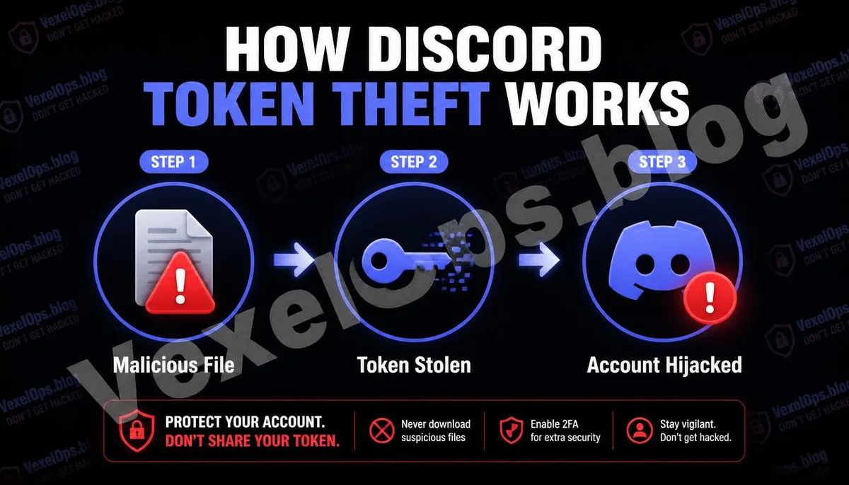 Diagram explaining the three steps of Discord Token theft process.