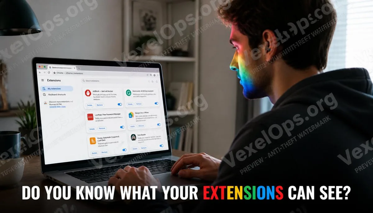 A cover image illustrating the context of examining permissions for Chrome browser extensions.