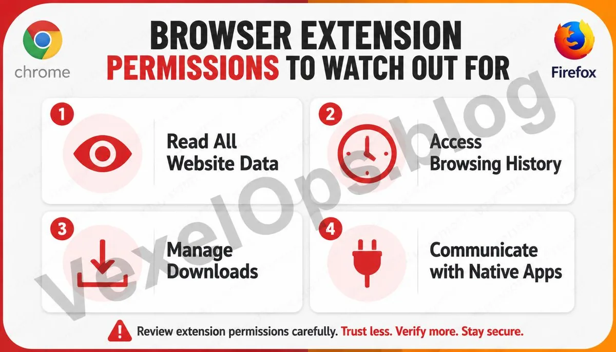 Infographic explaining four high-risk permissions for browser extensions.