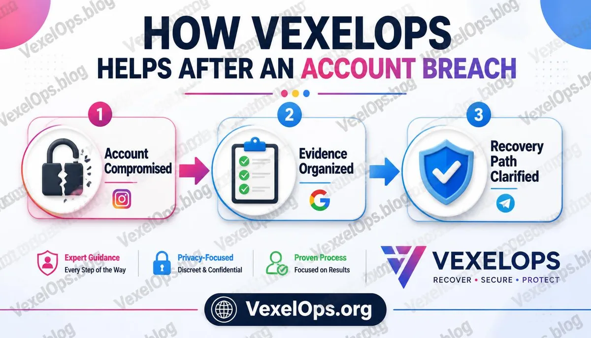 VexelOps account theft assistance process explained in three phases infographic.