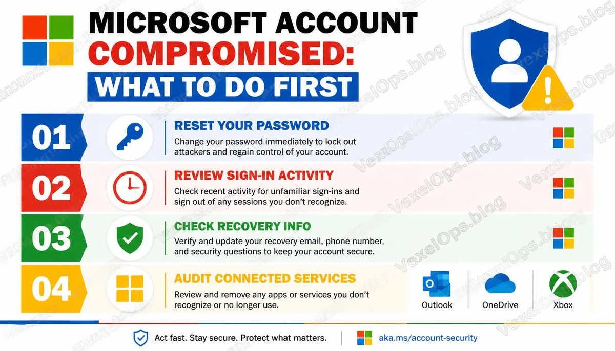 Four-step process for handling a hacked Microsoft account.