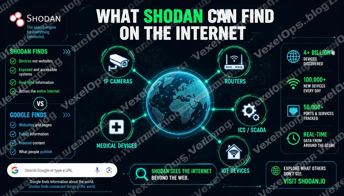 Infographic explaining types of network devices searchable by Shodan.