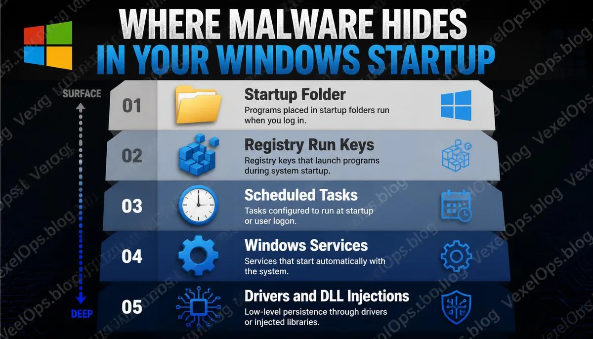 Windows の起動位置層と悪意のあるプログラムの隠れた位置に関する情報グラフィック。