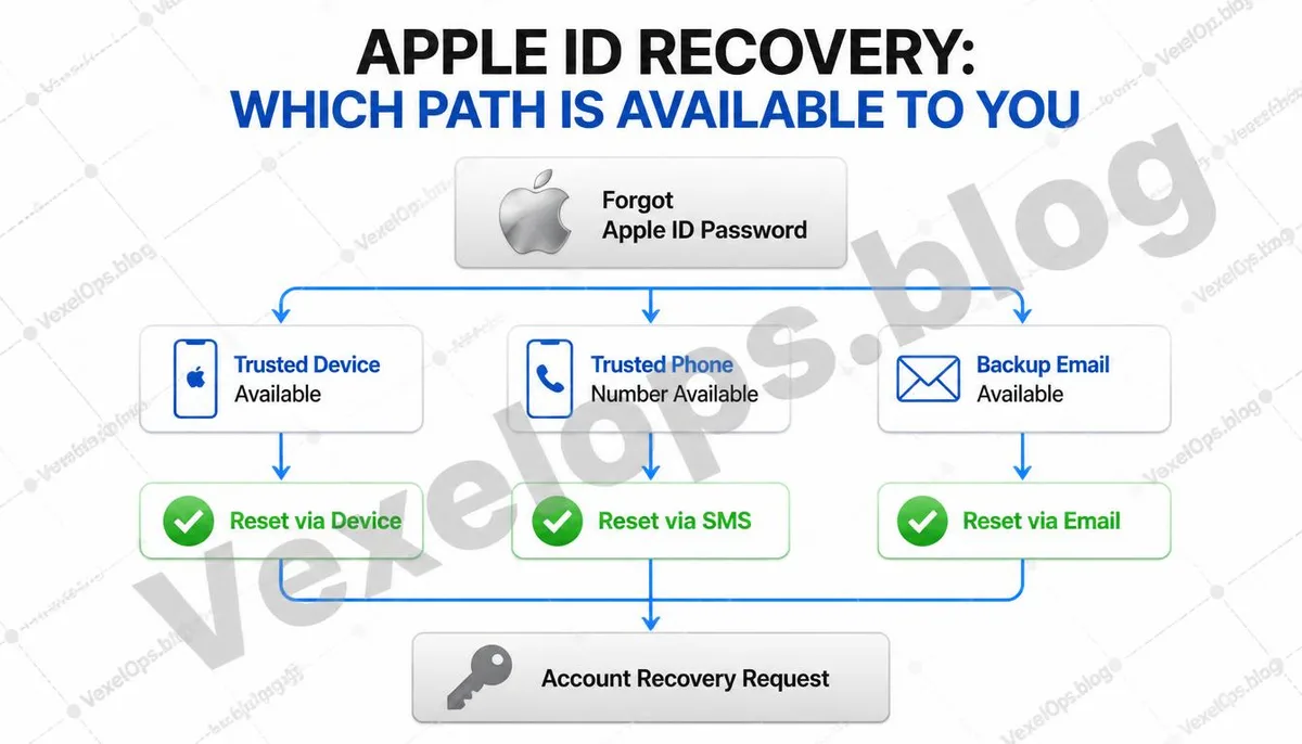 Apple ID 密碼找回流程路徑選擇說明資訊圖。