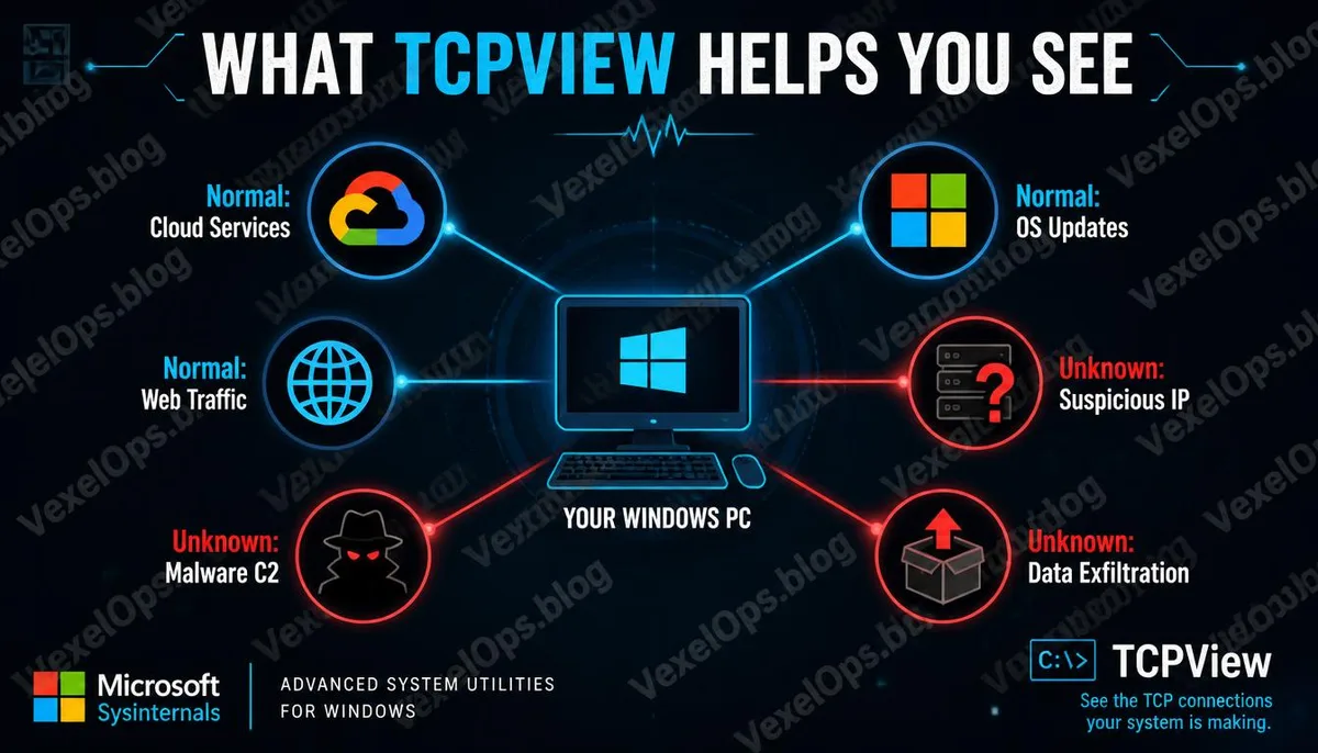 TCPView 辨識正常與可疑網路連線的視覺說明資訊圖。