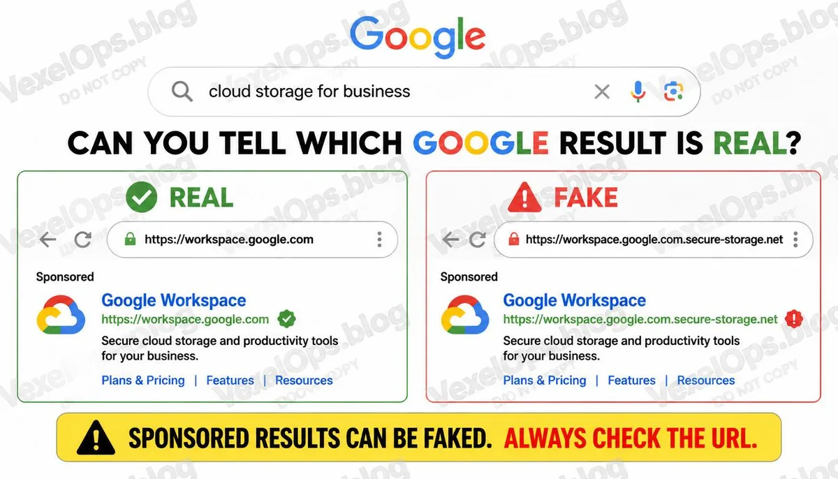 真假 Google 搜尋結果與廣告網址對比說明資訊圖。
