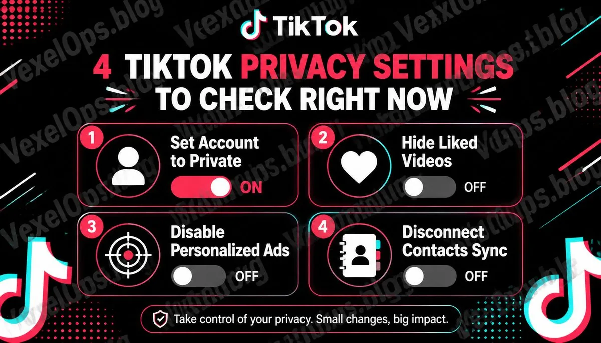TikTok의 네 가지 주요 개인정보 설정 조정 설명 인포그래픽.