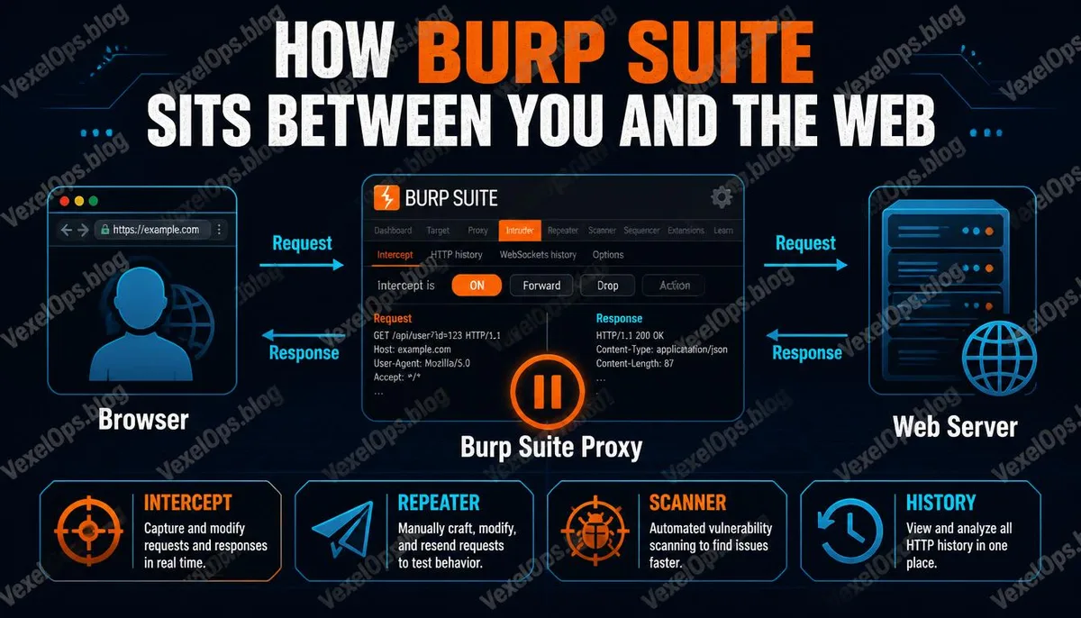 Burp Suite technical concept cover image illustrating interception of browser and server traffic.