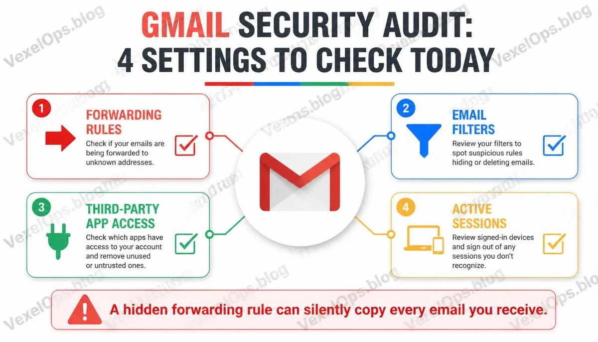 Infografía explicativa sobre la revisión de cuatro configuraciones de seguridad de Gmail.