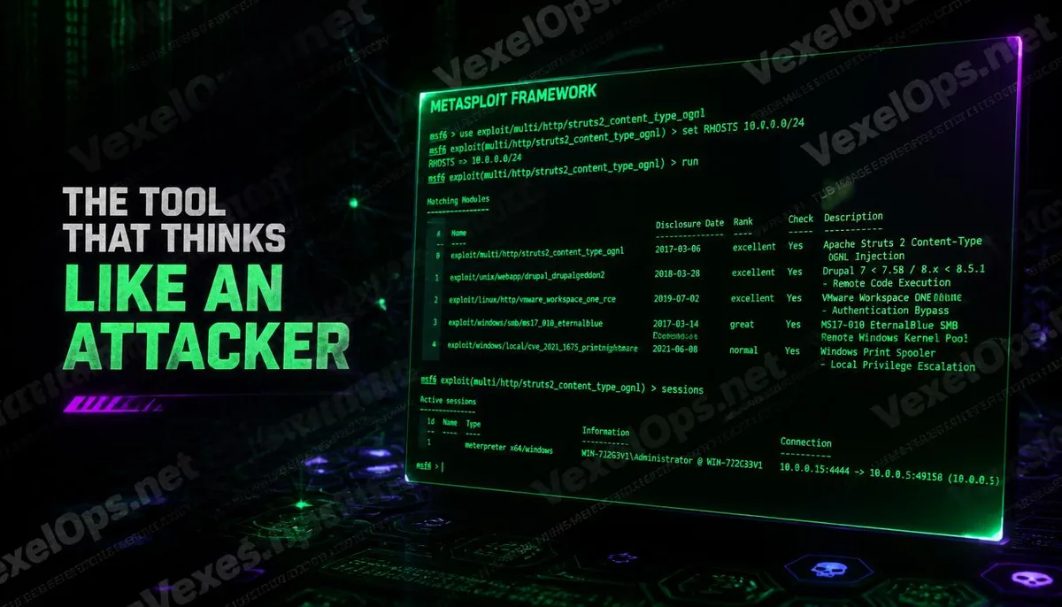Movie-style technical atmosphere cover image of the Metasploit penetration testing framework.