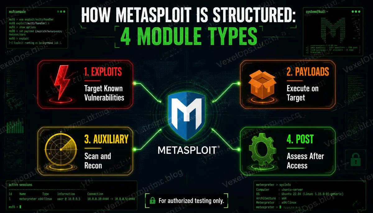 Metasploit 四大模組類型架構說明資訊圖。
