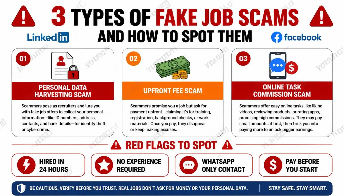 Infografía que explica tres tipos de estafas de anuncios de trabajo y cuatro señales de advertencia.
