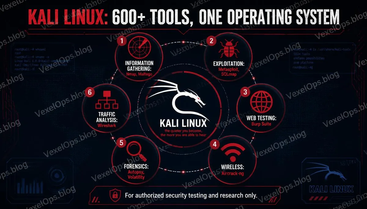 Kali Linux 六大工具類別分類說明資訊圖。