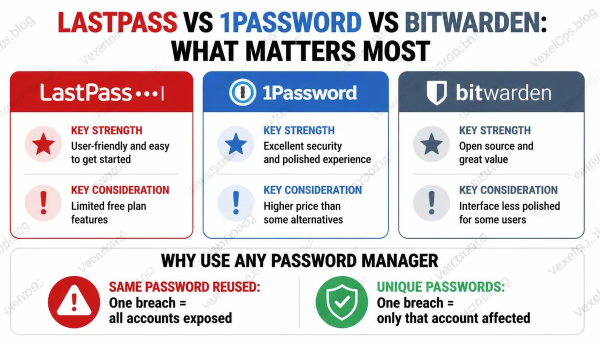 Comparaison des trois gestionnaires de mots de passe : LastPass, 1Password, Bitwarden.