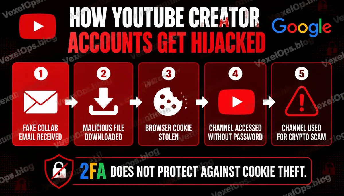 YouTube 創作者帳號被釣魚攻擊接管的五步驟流程說明資訊圖。