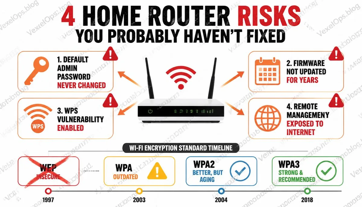 家用路由器四種常見安全風險與 Wi-Fi 加密標準說明資訊圖。