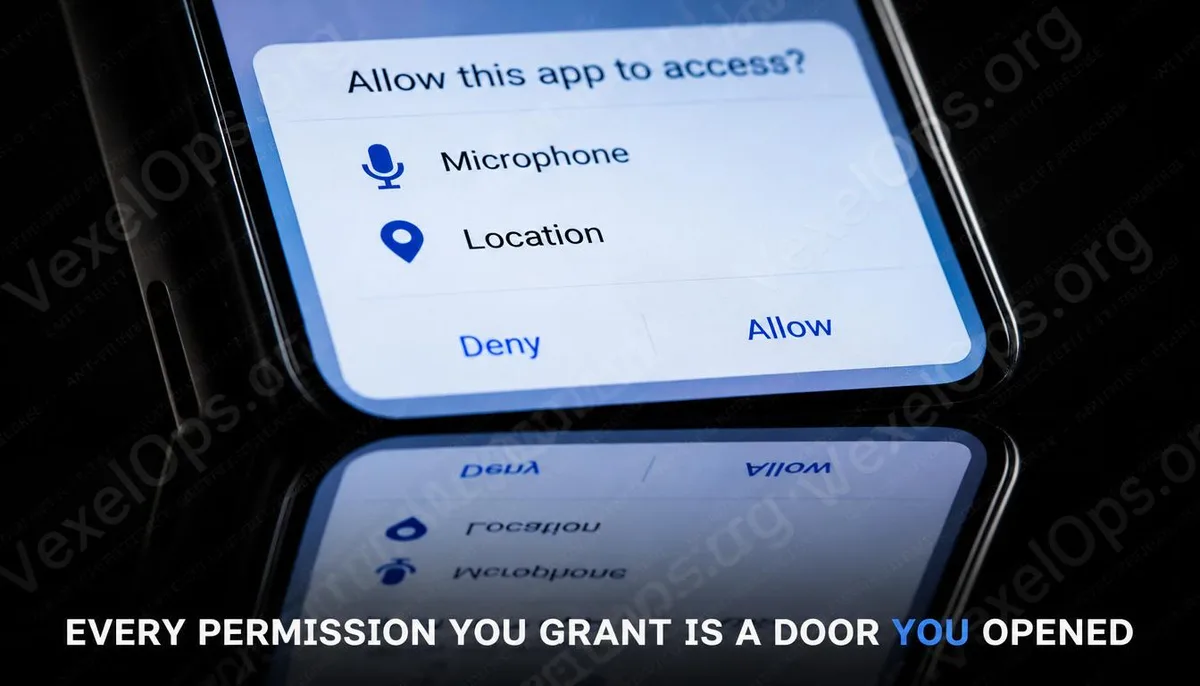 手機 App 權限要求對話框的特寫概念封面圖。