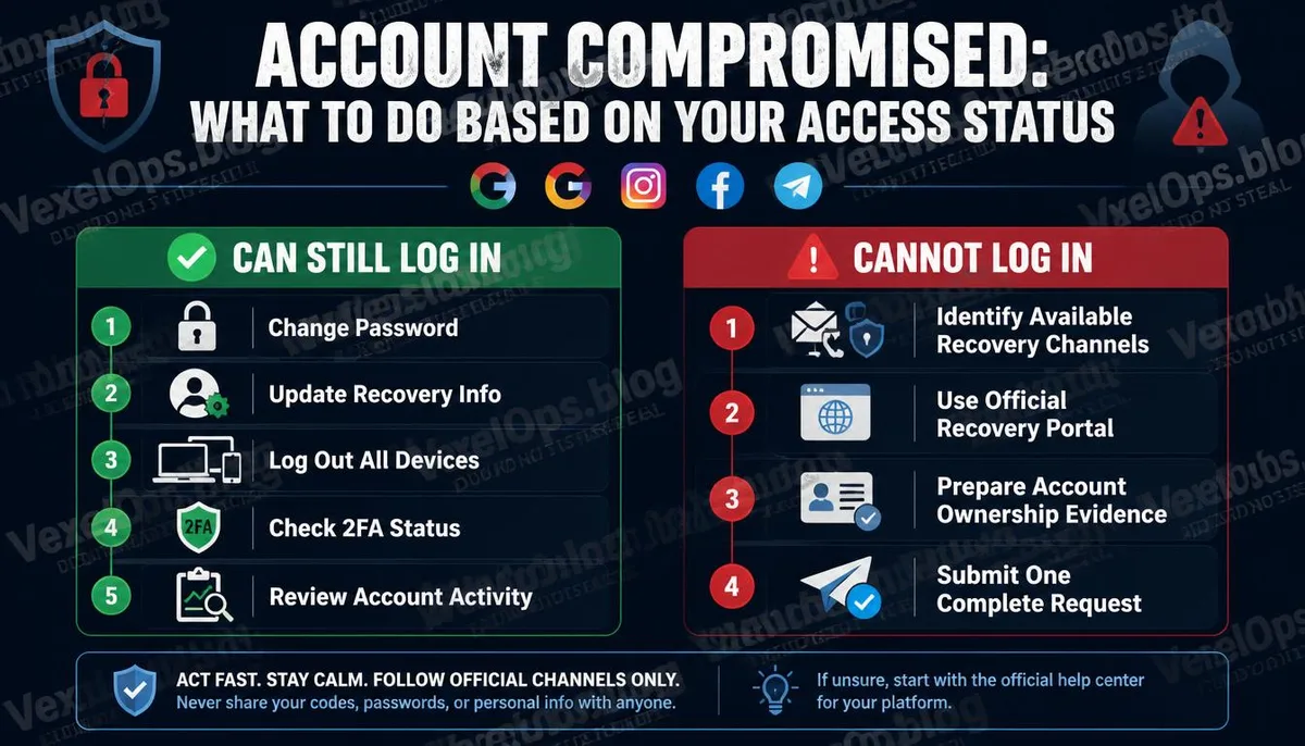 Infografía sobre los pasos a seguir según el estado de acceso después del robo de cuenta.