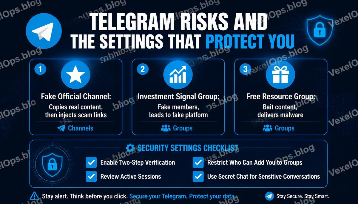 Infographie expliquant les trois types de risques courants sur Telegram et les réglages de sécurité des comptes.