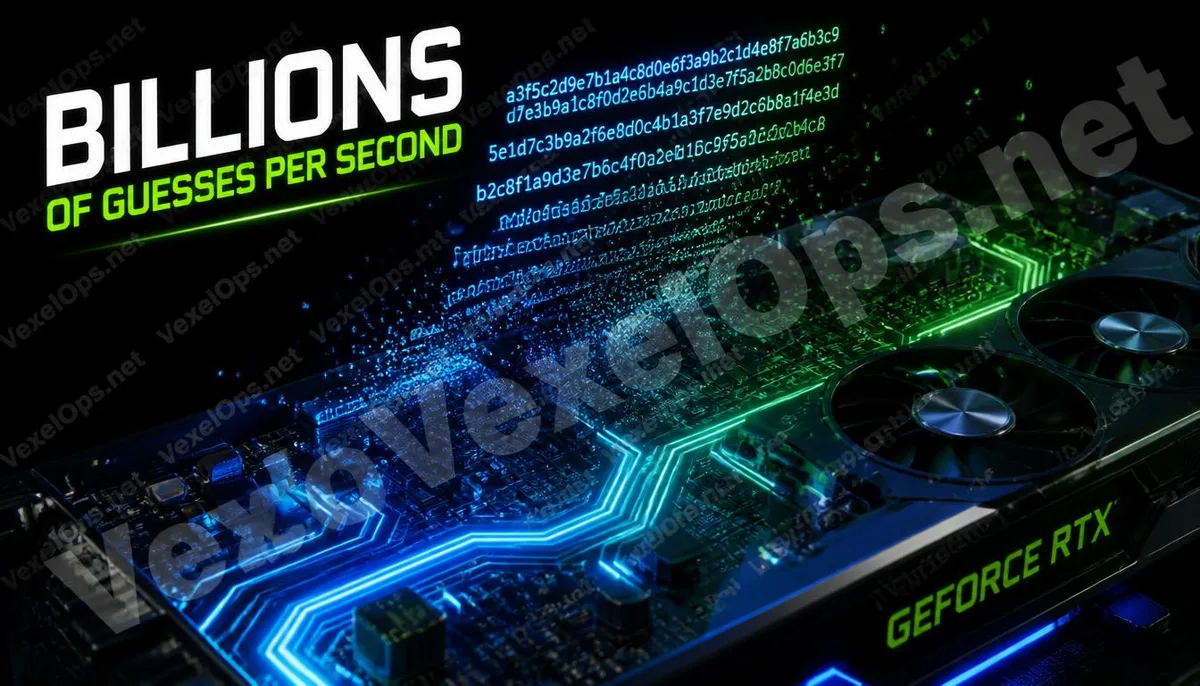 GPU 加速密碼破解運算的抽象 3D 視覺封面圖。