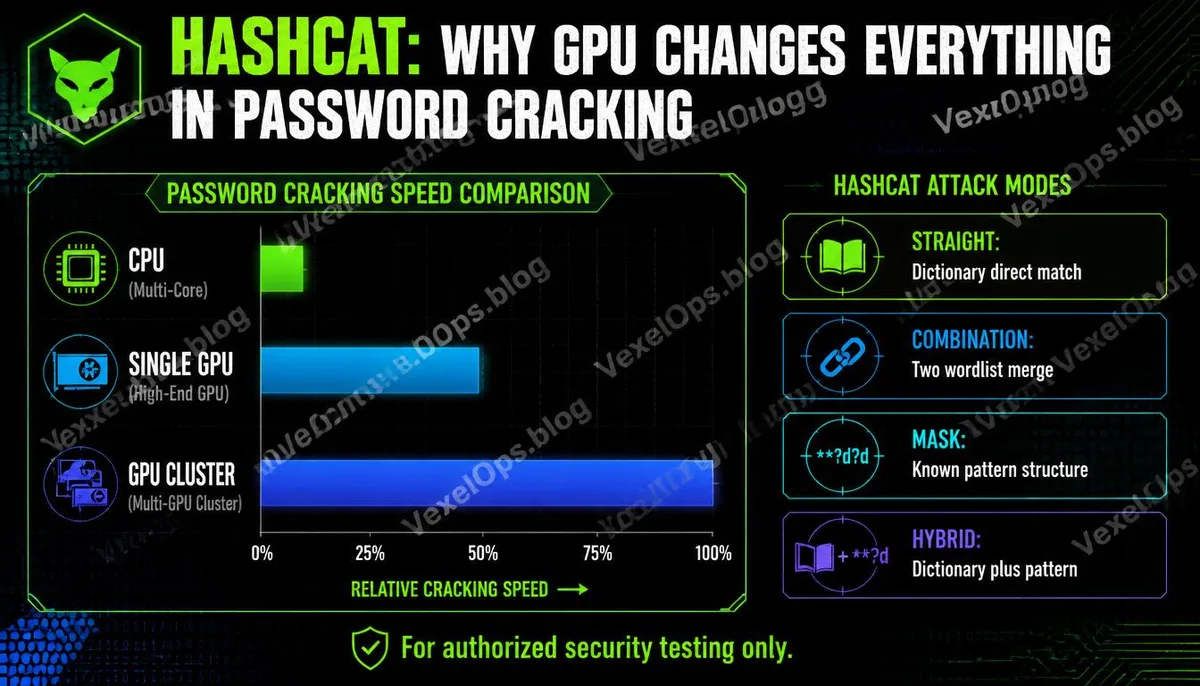 Hashcat GPU 速度對比與四種攻擊模式說明資訊圖。