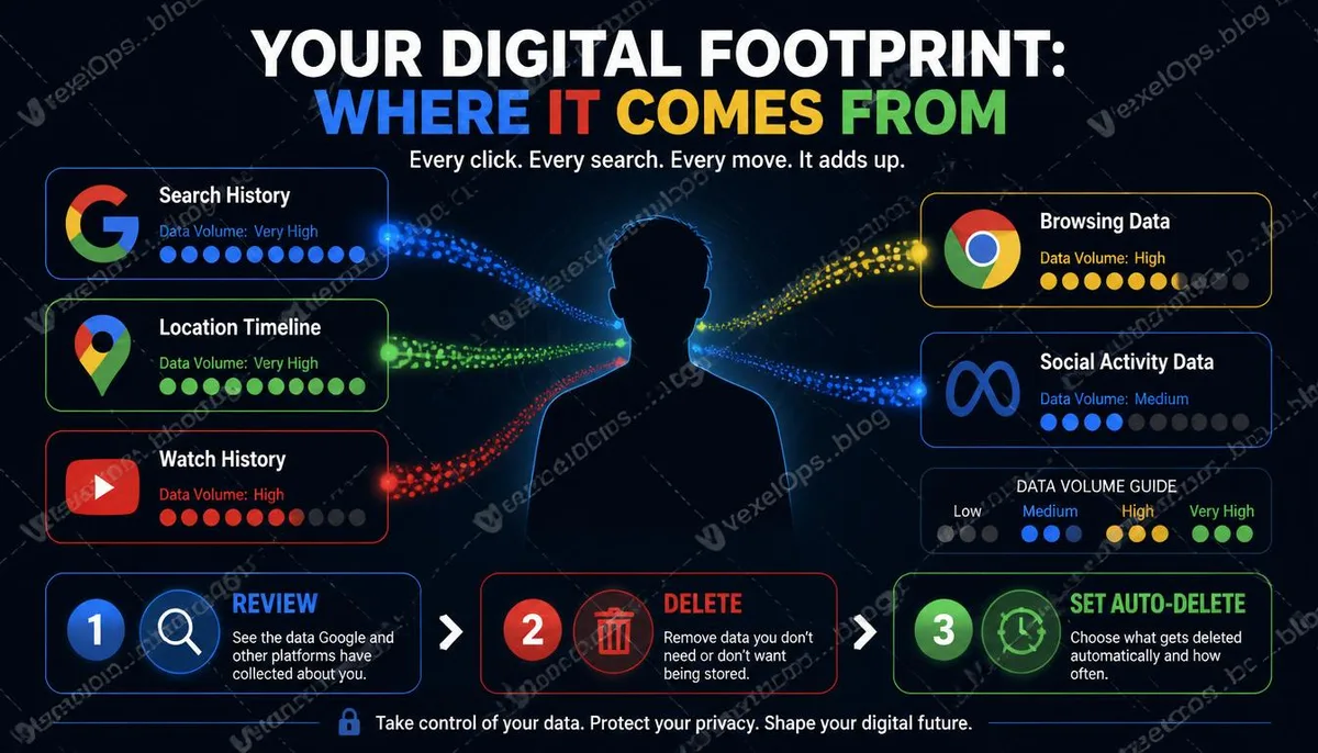 Infografía que explica las cinco principales plataformas de origen del rastro digital y tres pasos para la gestión activa.
