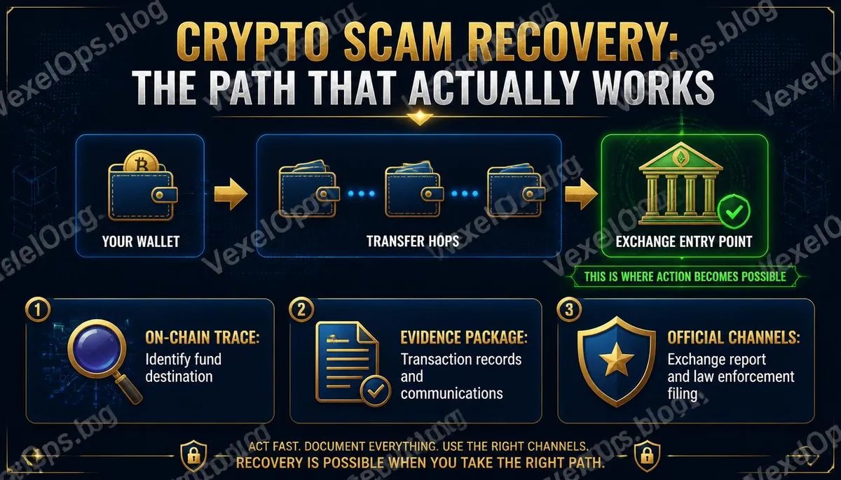 Infografía que explica las rutas de rastreo de fondos en criptomonedas y el proceso de tres pasos para reclamaciones.