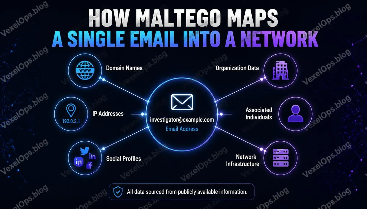Maltego 從單一電子郵件延伸出六類關聯資訊的 OSINT 圖譜說明資訊圖。