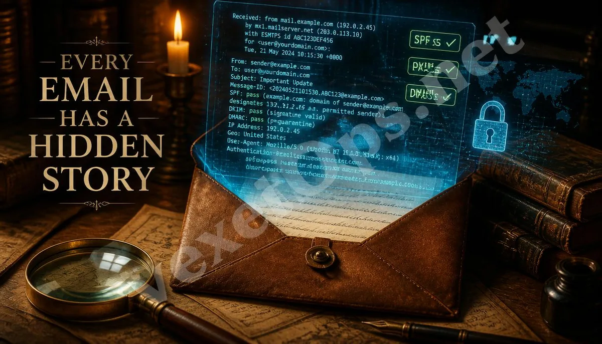 Concept dramatique d'une enveloppe superposée avec les codes d'en-tête d'email numériques.