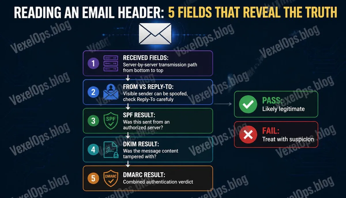 Infographie explicative des cinq champs clés de l'en-tête des emails.